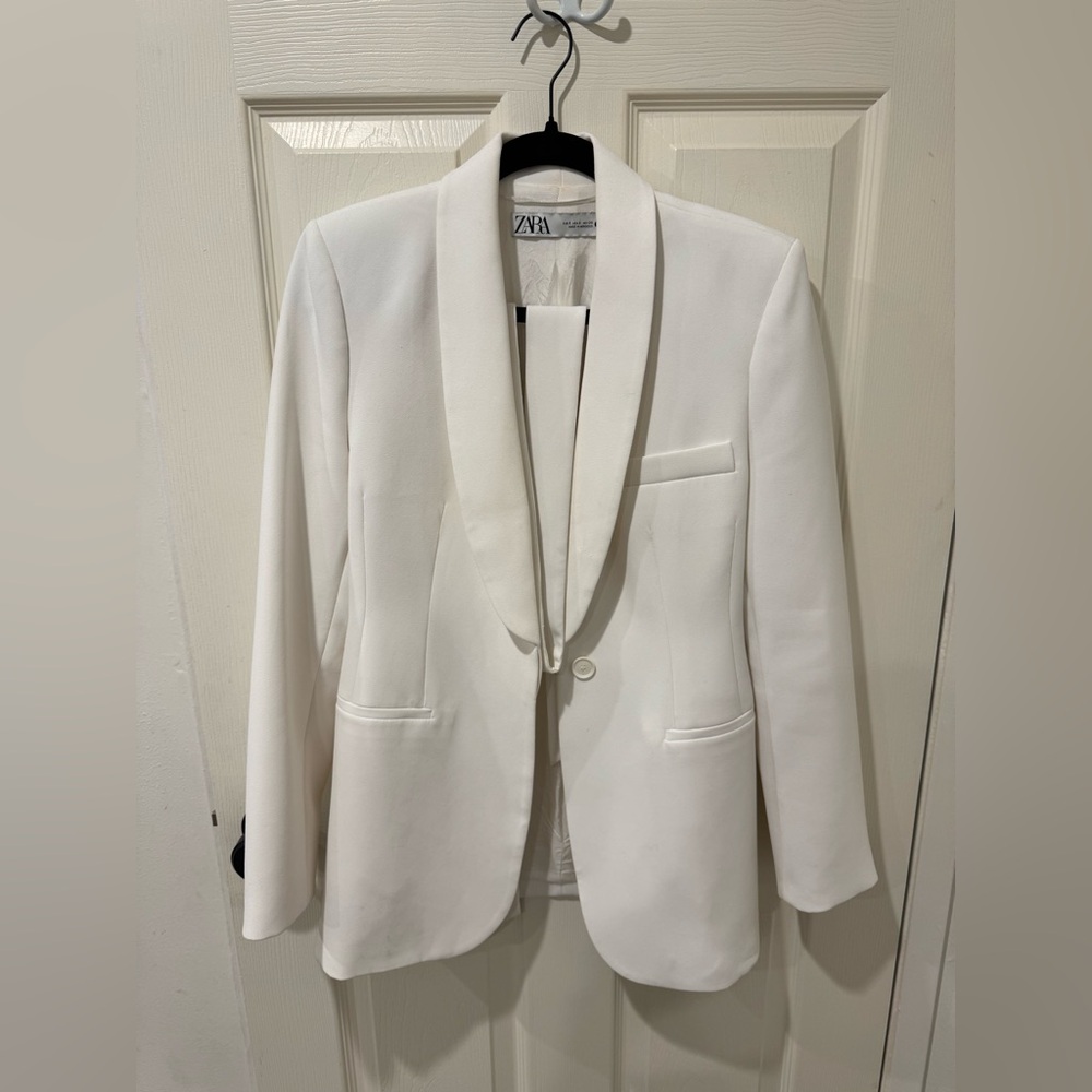 Zara White Belted Shawl Collar Blazer